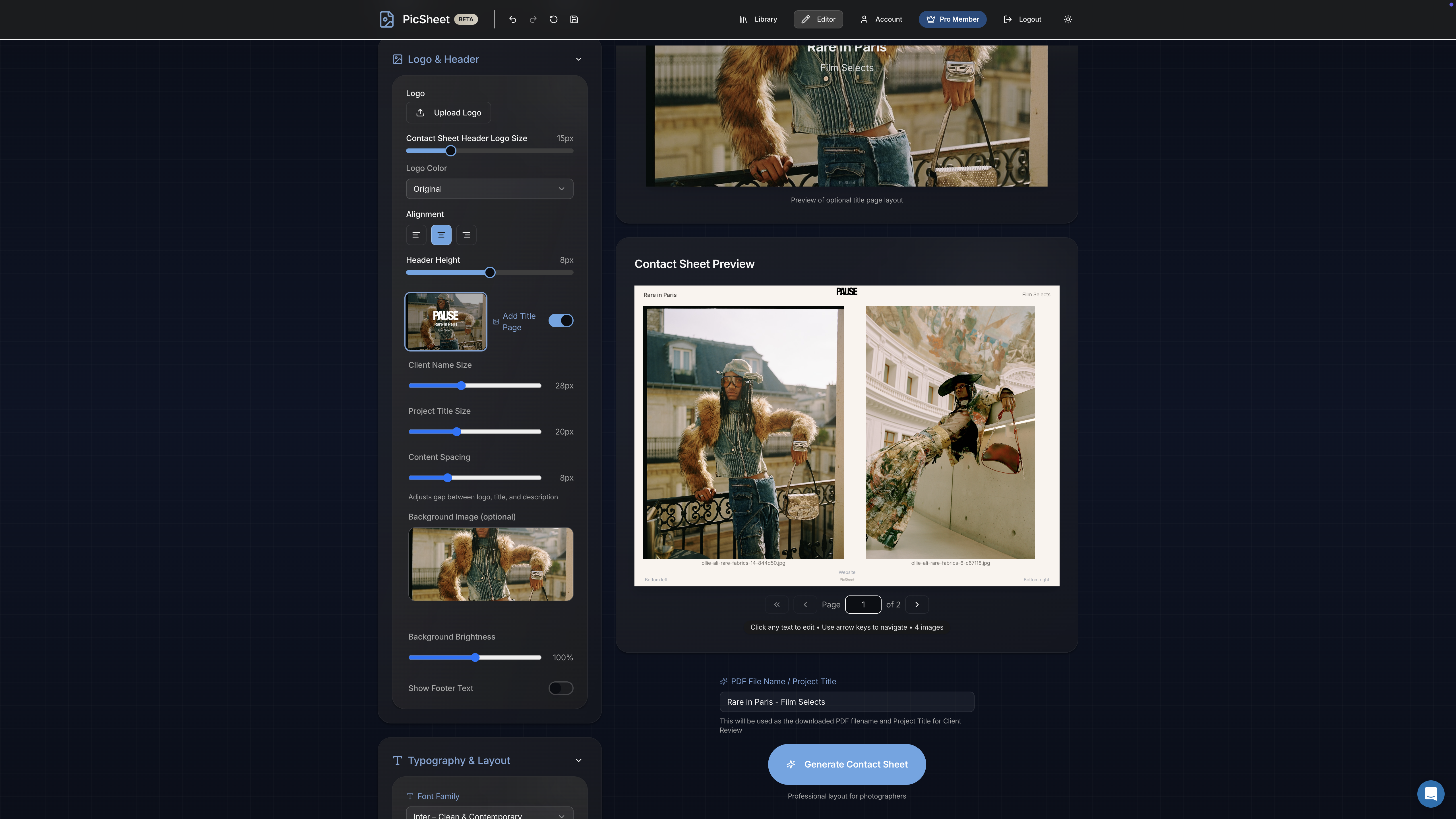 PicSheet editor with contact sheet preview
