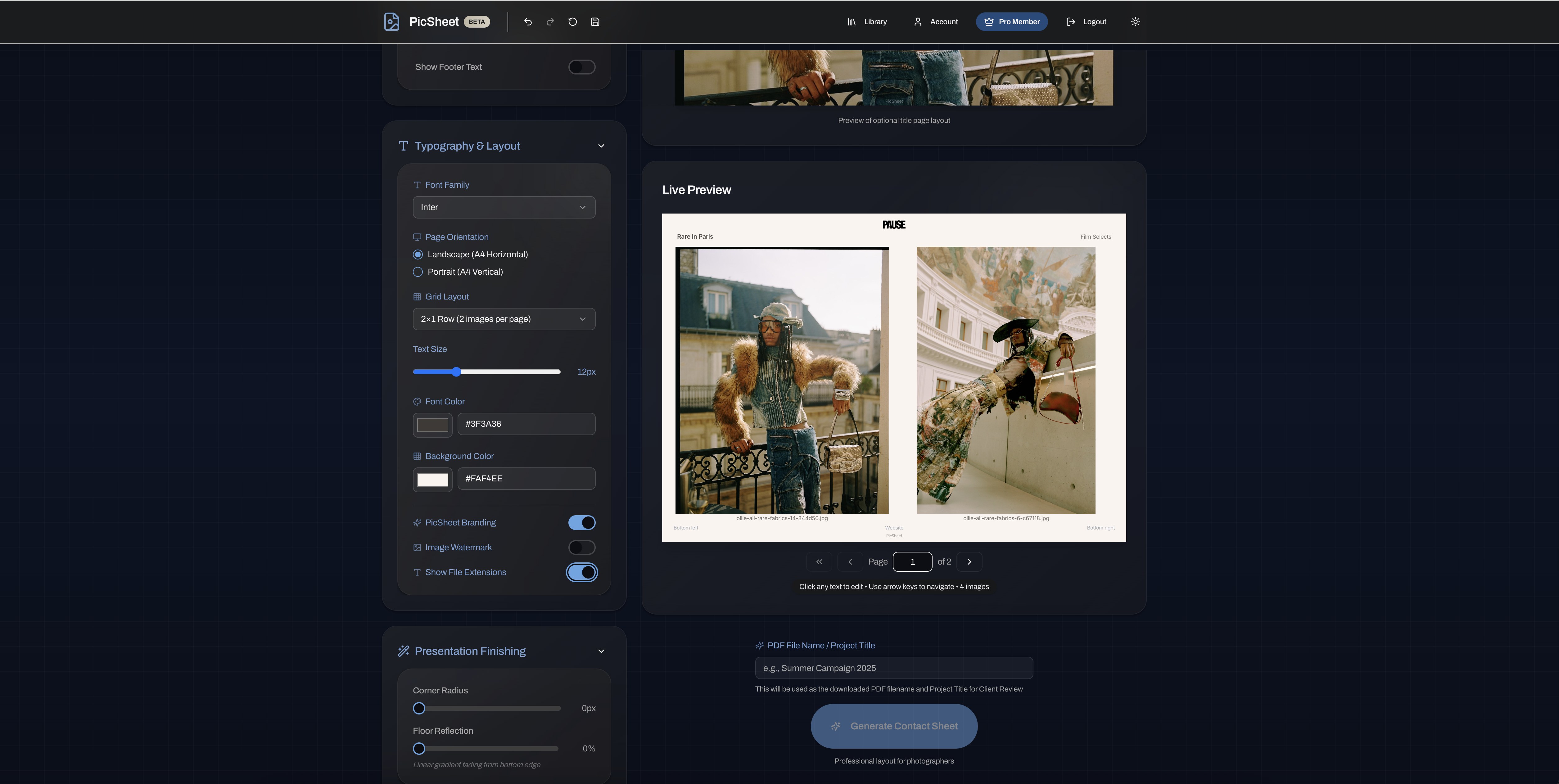 Film style and editorial contact sheet layout examples