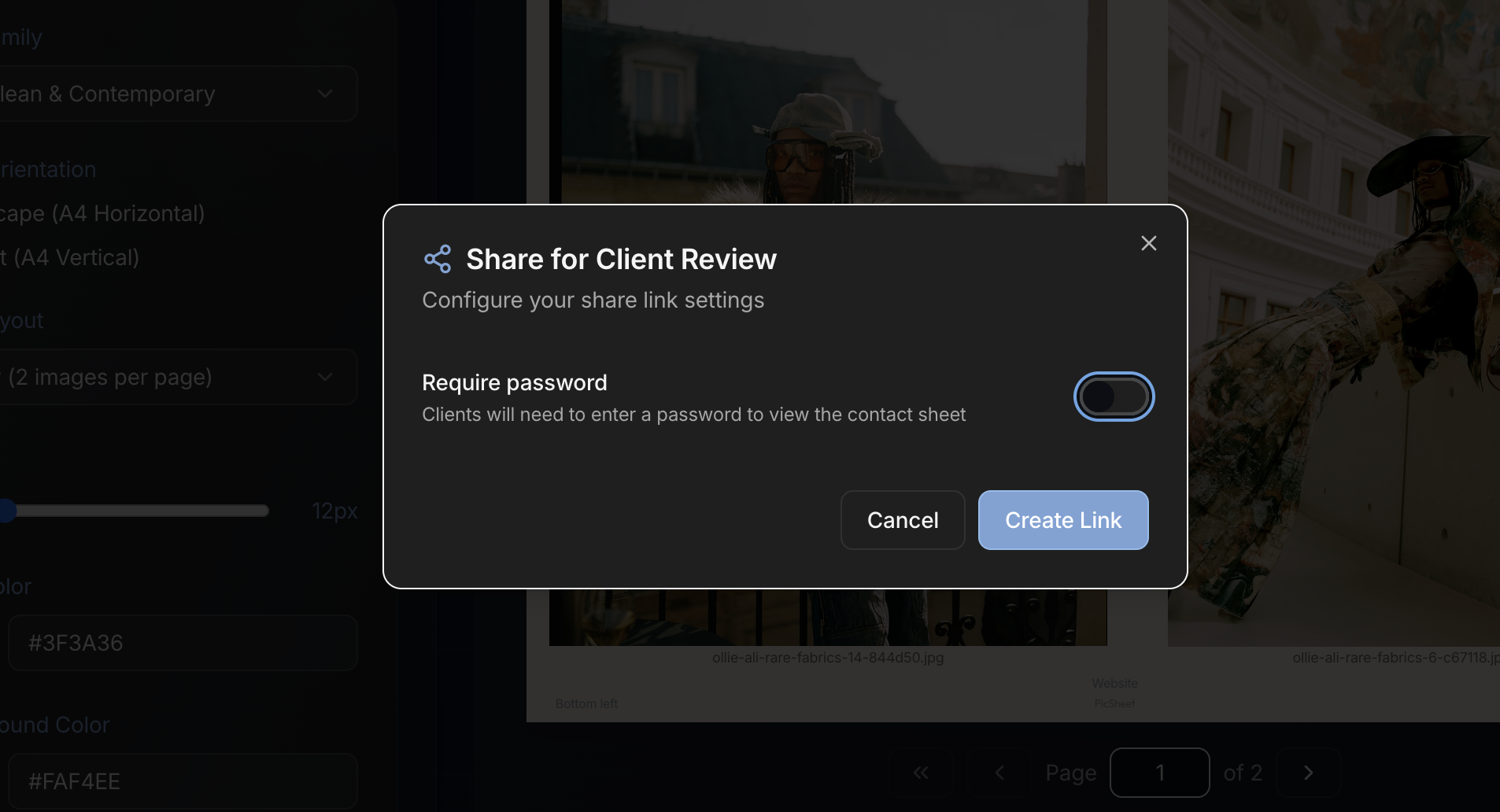 Share for client review dialog