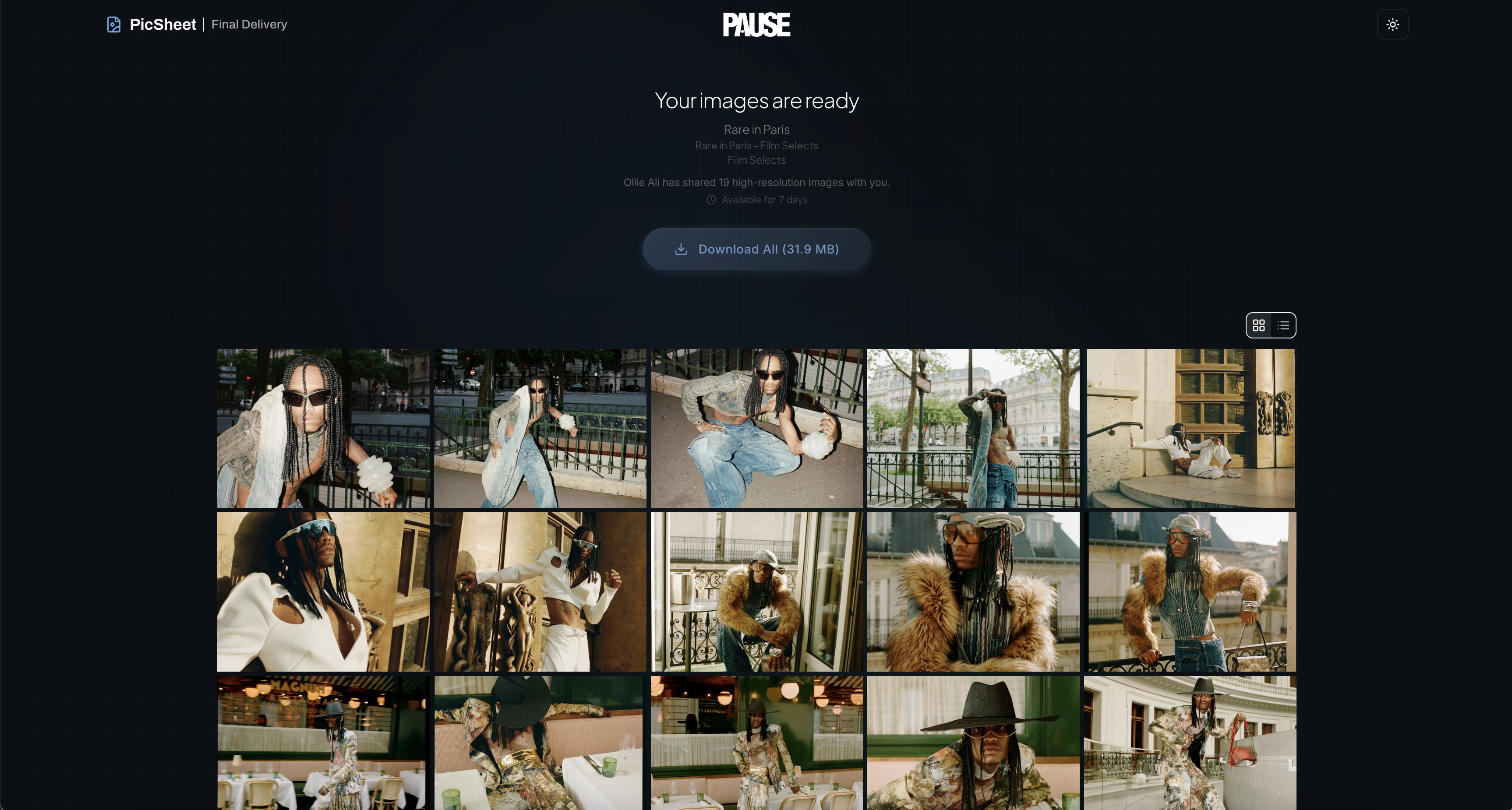 Branded delivery page with high-resolution image grid